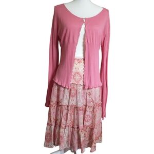 Scalloped Closure Cardigan & Floral Pink Tiered Skirt
